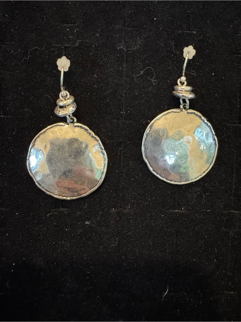 Silver Tone Hammered Disc Dangle Earrings Boho Artisan Statement Jewelry
